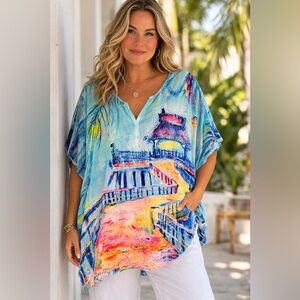 Leoma Lovegrove Pier Art Tunic Top XXXL Embellished Rhinestone Coastal Print